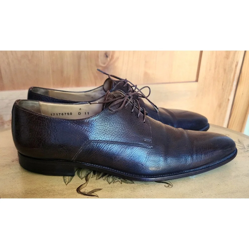 Santoni Sz 11 Brown Leather Derby Oxford Dress Shoes Made in Italy Quiet Luxury